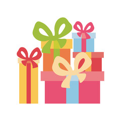 Big pile of colorful wrapped gift boxes. Mountain gifts. Beautiful present box with overwhelming bow. Gift box icon. Gift symbol. Christmas gift box. Isolated vector illustration