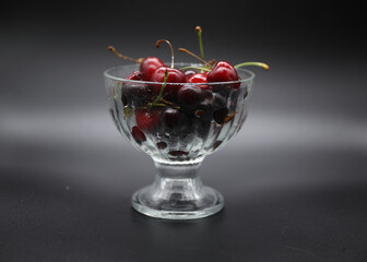 ripe red cherries on a black background