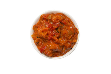 Vegetable stew in a bowl isolated on white background.