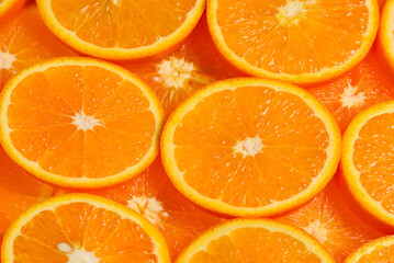 Slices of oranges as a background, top view.