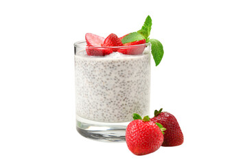 Chia pudding with strawberry and mint on a white background. Space for text or design.
