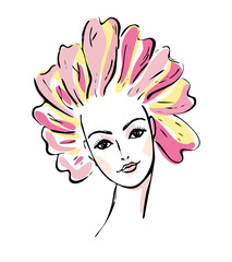 Colorful floral portrait of beautiful girl with peony mallow petal hairstyle. Woman with flower on head. Image concept for the flower horoscope. Hand drawn, vector, isolated on white background.