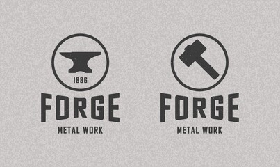 Set of color illustrations of anvil, hammer, circle on a background with a grunge texture. Vector illustration in vintage style for emblem, label, print, symbol. Advertising Forge. Metal works.
