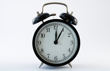 Retro alarm clock showing 5 minutes past 12, isolated on white background
