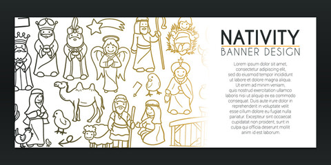 Nativity Scene Banner Doodle. True Story Christianity Background Hand drawn. Religion Icons illustration. Vector Horizontal Design.