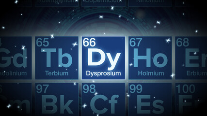 Naklejka premium Close up of the Dysprosium symbol in the periodic table, tech space environment.