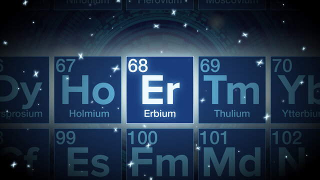 Close up of the Erbium symbol in the periodic table, tech space environment.