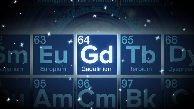 Close up of the Gadolinium symbol in the periodic table, tech space environment.
