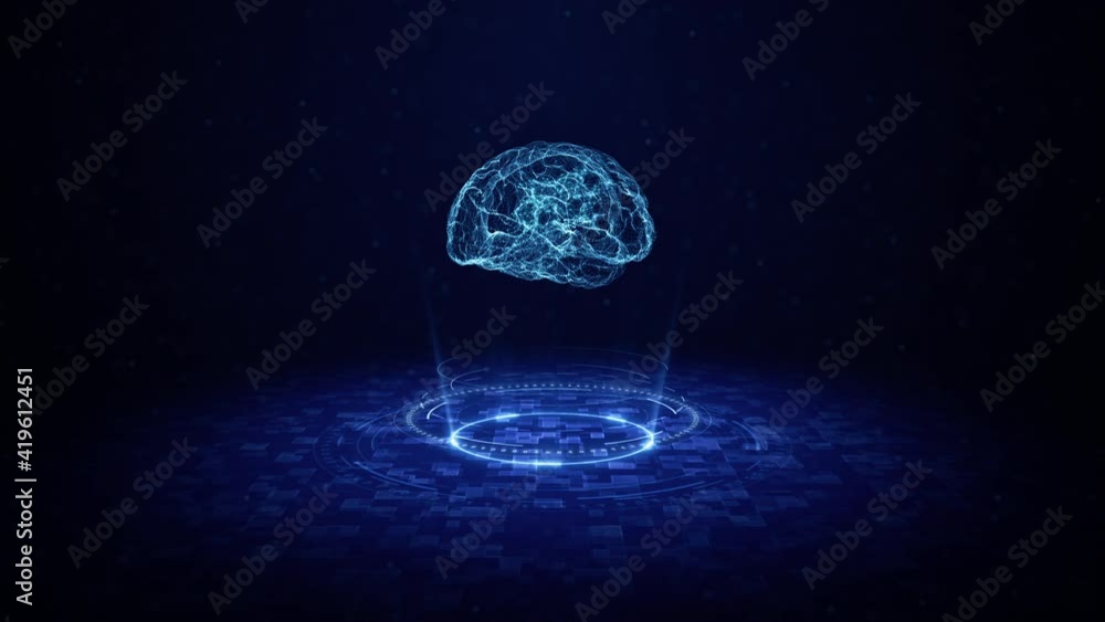 Poster artificial intelligence concept. brain over circuit board. hud and future technology digital backgro