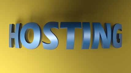 HOSTING blue metallic bent write over yellow background - 3D rendering illustration