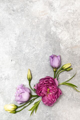 Floral frame on a gray background. Top view and copy space. Delicate lilac roses and eustoma. Corner composition.