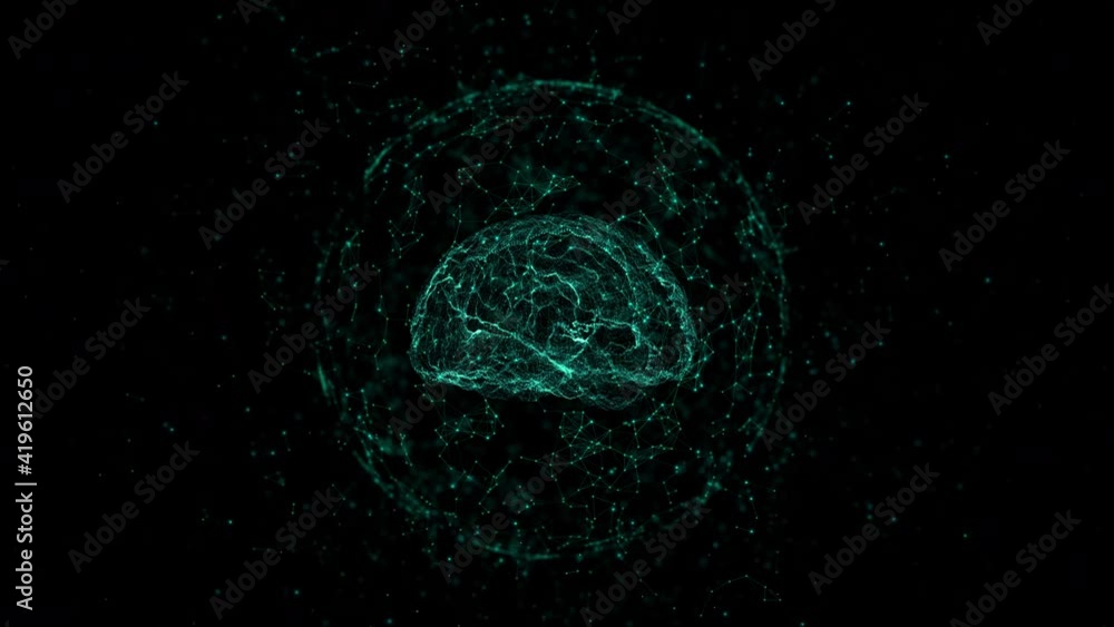 Poster artificial intelligence concept. brain over circuit board. hud and technology connection data analys