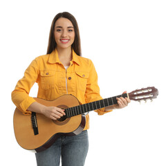 Music teacher playing guitar on white background