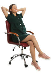 Fototapeta premium Young woman relaxing in comfortable office chair on white background