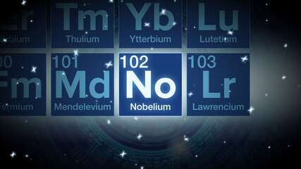Close up of the Nobelium symbol in the periodic table, tech space environment.