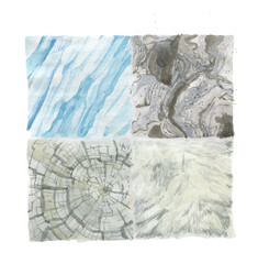 Watercolor illustration. Sketch. Composition of four textures: blue ice, gray stone, gray wood, white wool.