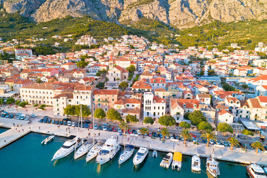 Makarska. Aerial view of Town of Makarska waterfront Riva
