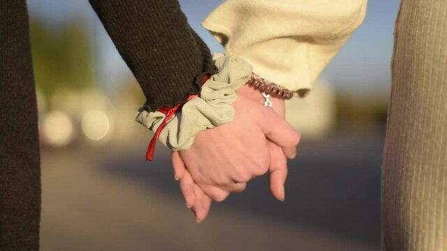 Pareja de chicas j&oacute;venes enamoradas  andando de la mano