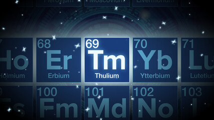 Close up of the Thulium symbol in the periodic table, tech space environment.