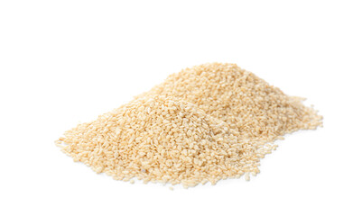 Piles of sesame seeds on white background