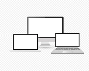 Responsive Screen device mockup.  PC, laptop,  screens. Realistic media gadgets with transparent screen for presentation. Vector illustration