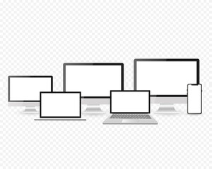 Responsive Screen device mockup.  PC, laptop, smartphone screens. Realistic media gadgets with transparent screen for presentation. Vector illustration