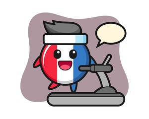 France flag badge cartoon character walking on the treadmill