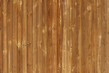 Fototapeta na wymiar Brown wooden fence for abstract backgrounds and textures. Vertical wall varnished panels with knots. Slightly aged timber with some scratches. Reddish, walnut, ocker, tawny, warm shades wood linings.