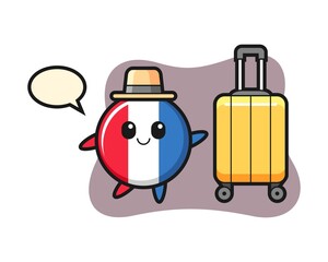 France flag badge cartoon illustration with luggage on vacation