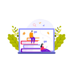 Man & Woman stay online library. Student girl & boy studying with laptop. online library concept. Vector illustration for e-learning, online

