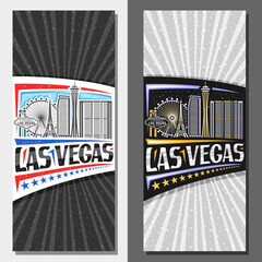 Vector vertical layouts for Las Vegas, decorative leaflet with illustration of american city scape on day and dusk sky background, art design tourist card with unique lettering for words las vegas. © mihmihmal