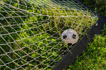 Soccer ball in goal with grass in the background