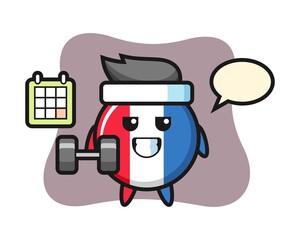 France flag badge mascot cartoon doing fitness with dumbbell