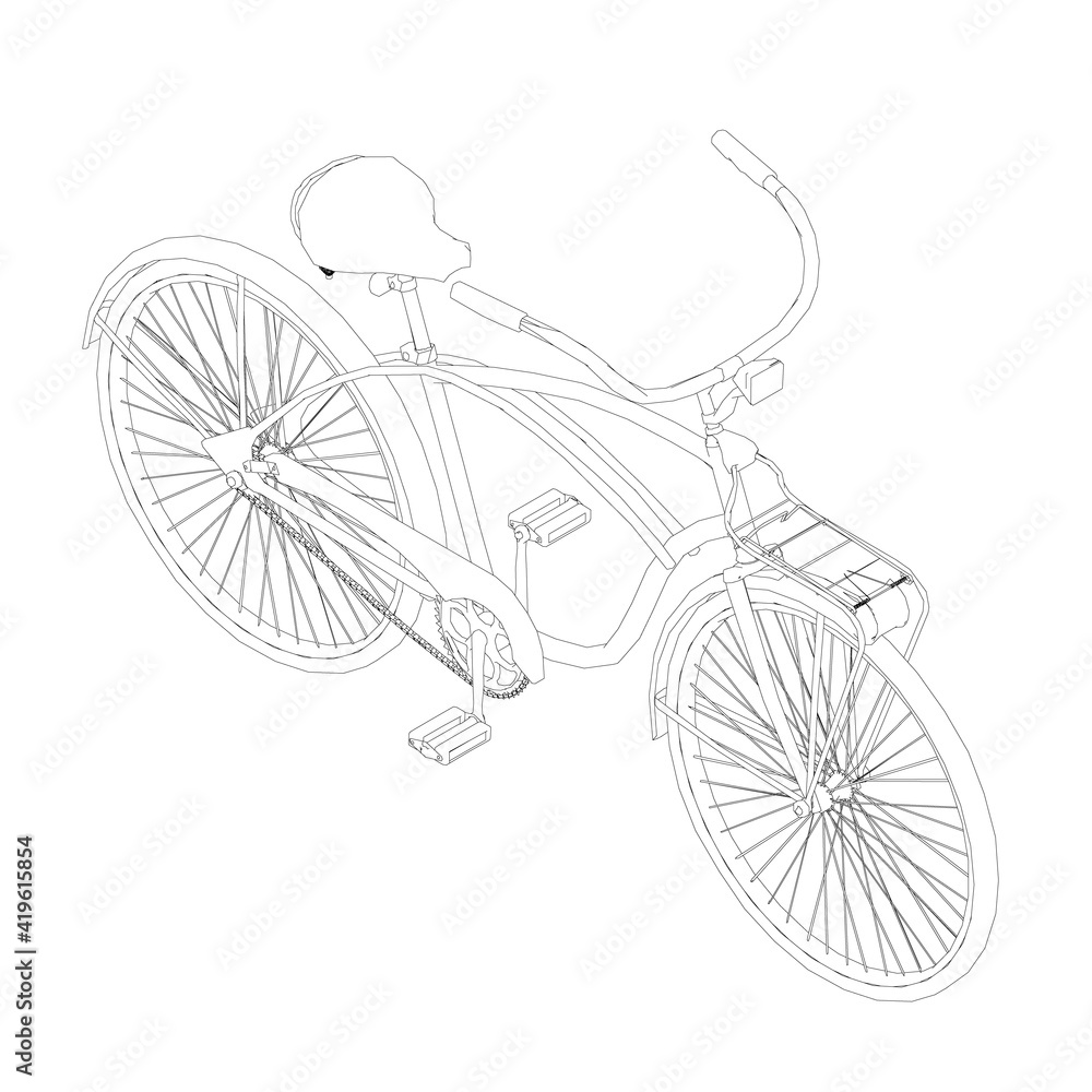 Poster contour of a bicycle with a semicircular handlebar made of black lines on a white background. isomet