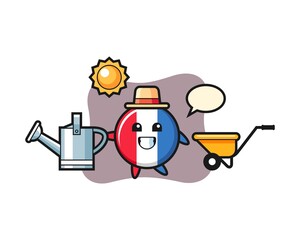 Cartoon illustration of france flag badge holding watering can