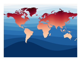 World Map Vector. Miller cylindrical projection. World in red orange gradient on deep blue ocean waves. Trendy vector illustration.