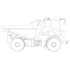 Naklejka premium Contour of a cargo dump truck from black lines on a white background. Side view. Vector illustration