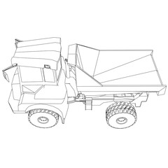 Contour of a cargo dump truck from black lines on a white background. Perspective view. Vector illustration