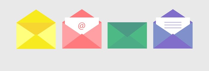 Set of different colorful red, blue, green envelopes with mail, paper document, close envelope and open envelope vector flat illustration. For web and print, love, friendly letter or office document