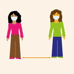 The space for the safety of people should be at a distance of 1.5 meters from each other. Girls wearing medical masks to prevent coronavirus maintain a social distance. Modern flat design style.