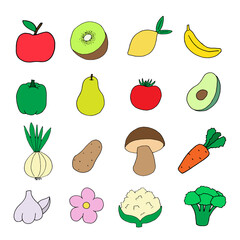 Set of vector hand drawn vegetables and fruits isolated on white. Doodle style illustration. Cauliflower, bulgarian pepper, carrot, broccoli, tomato, potato, avocado, cauliflower, mushroom, onion