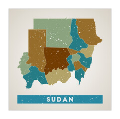 Sudan map. Country poster with regions. Old grunge texture. Shape of Sudan with country name. Captivating vector illustration.