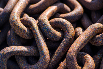 .Old rusty chains in a fishing port, selective focus.