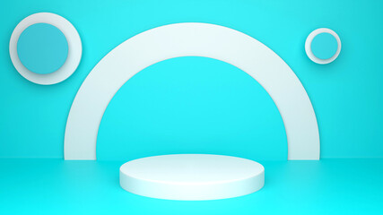 White podium ,white and blue circle on blue background. 3d rendering.