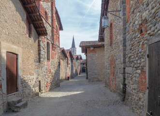 Narrow streets of the fortified medieval village.Ricetto di Candelo, Piedmont, Italy.
