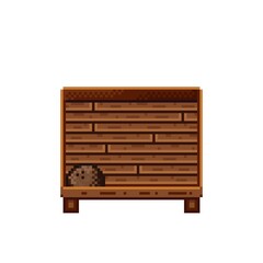 Fruit shop pixel art. Coconuts in a wooden crate. Coconut, food pixel art icon isolated on white background. Fruit stall. Showcase with Fruit waste. Vector illustration. Coconuts pixel art.