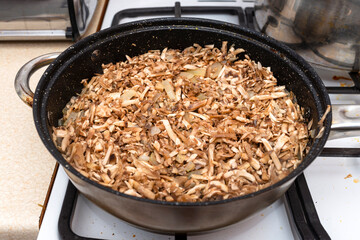 Raw mushrooms, cut into strips, prepared for frying in a frying pan together with onions on a gas stove.