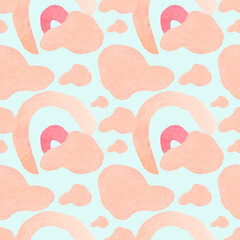 Watercolor seamless pattern with abstract shapes on turquoise isolated background.Space pink rainbows print with hand painted textures.Designs for textiles,wallpaper,wrapping paper,fabric.
