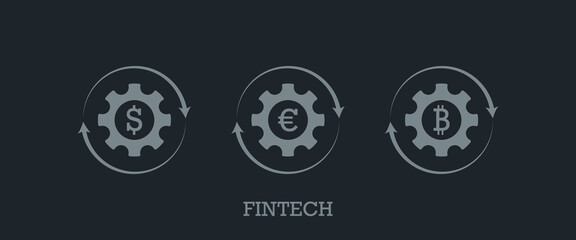 Fintech icon. Finance management concept. Dollar, euro, bitcoin symbol. Flat vector icon