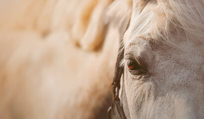 Portrait of a white beautiful horse with a halter on its muzzle and brown eyes, illuminated by warm sunlight. Livestock.